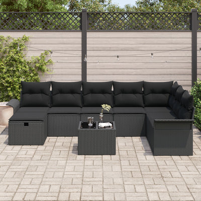 9 Piece Garden Sofa Set with Cushions Black Poly Rattan