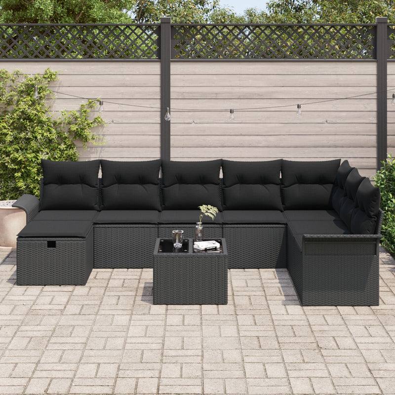 9 Piece Garden Sofa Set with Cushions Black Poly Rattan