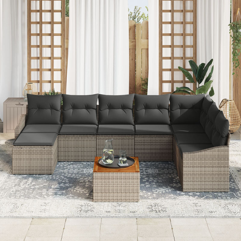 9 Piece Garden Sofa Set with Cushions Grey Poly Rattan Acacia