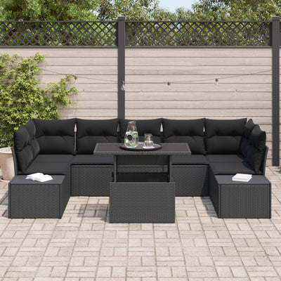 8 Piece Garden Sofa Set with Cushions Black Poly Rattan