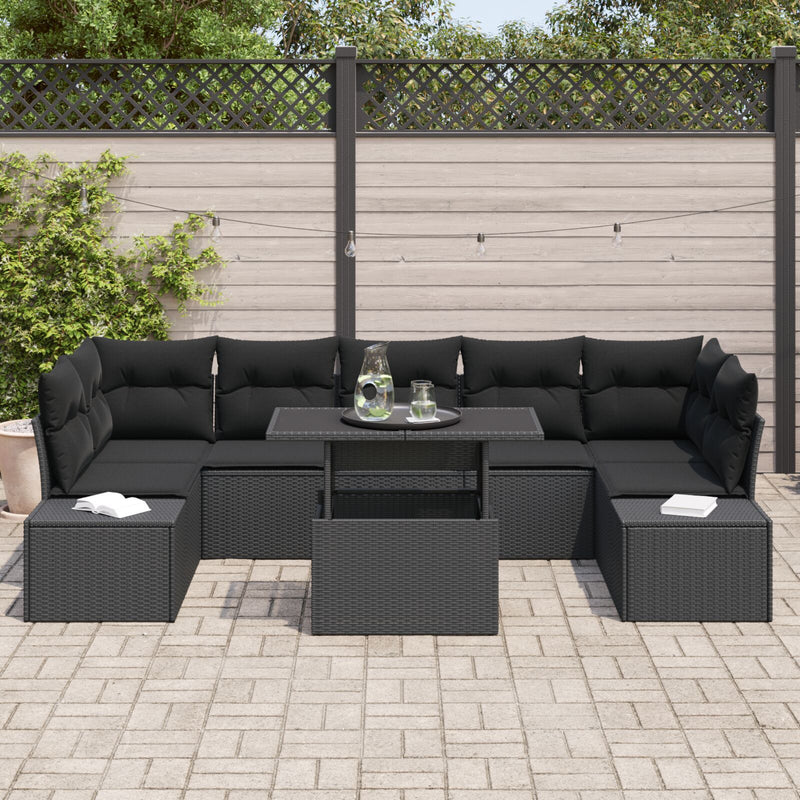 8 Piece Garden Sofa Set with Cushions Black Poly Rattan