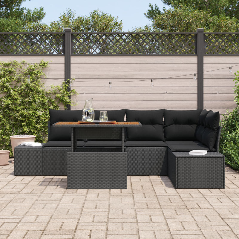6 Piece Garden Sofa Set with Cushions - Black Poly Rattan