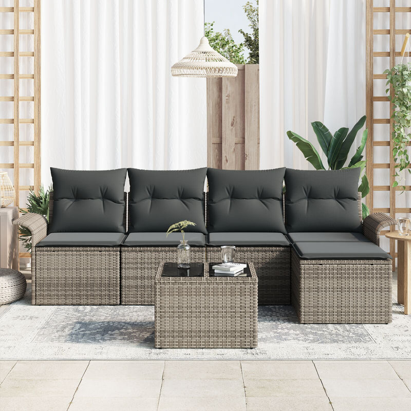 5 Piece Garden Sofa Set with Cushions Black Poly Rattan