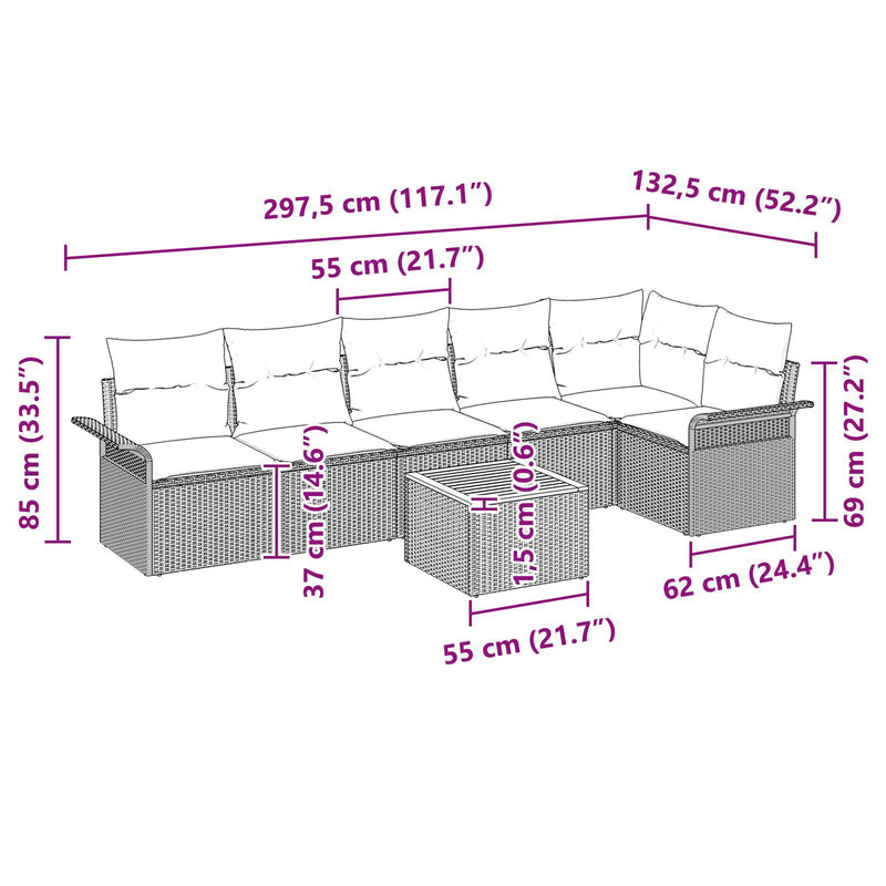 7 Piece Garden Sofa Set with Cushions Grey Poly Rattan Acacia