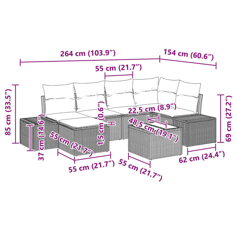 7 Piece Garden Sofa Set with Cushions Beige Poly Rattan