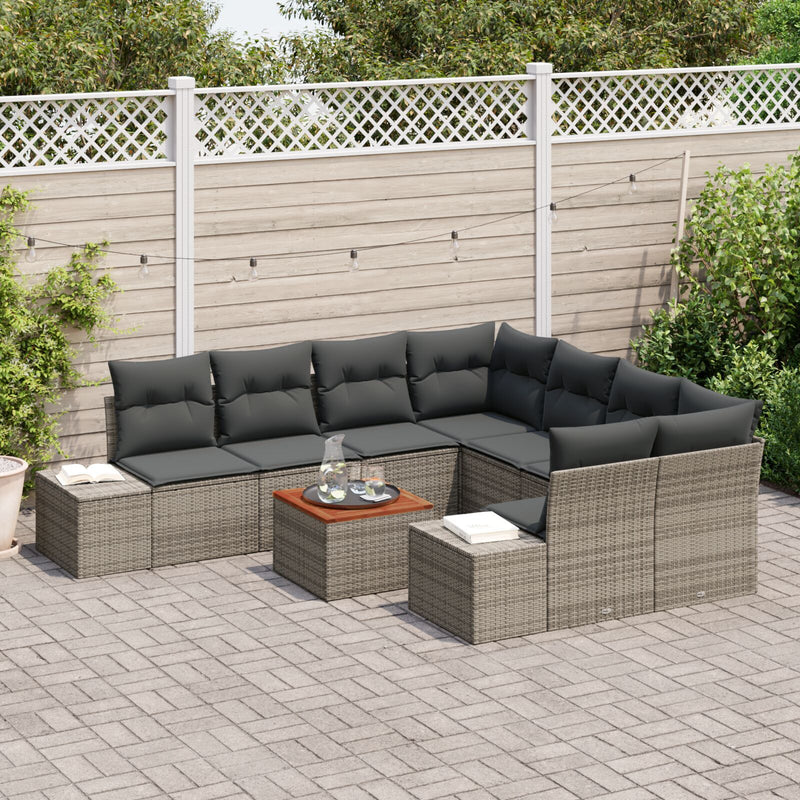 9 Piece Garden Sofa Set with Cushions Grey Poly Rattan Acacia