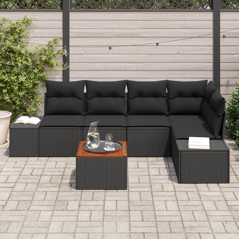 6 Piece Garden Sofa Set with Cushions Black Poly Rattan Acacia