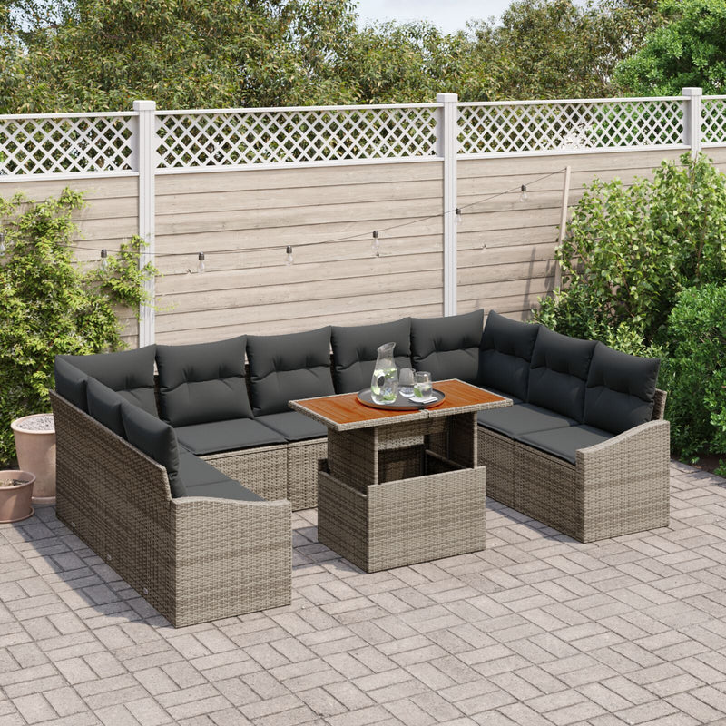 10 Piece Garden Sofa Set with Cushions Grey Poly Rattan