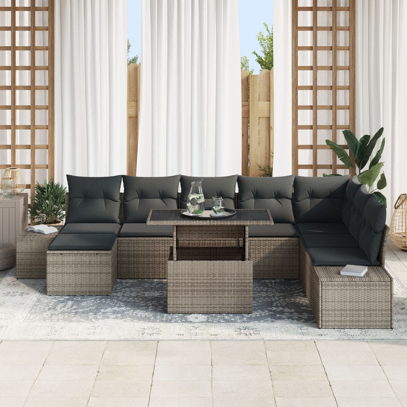 9 Piece Garden Sofa Set with Cushions Grey Poly Rattan