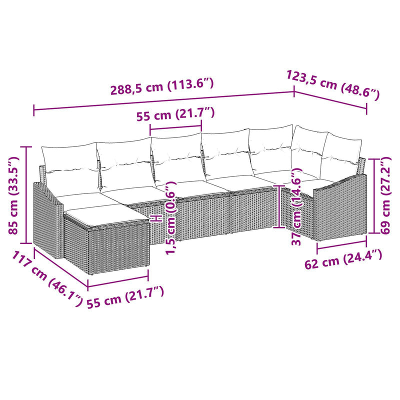 7 Piece Garden Sofa Set with Cushions Black Poly Rattan