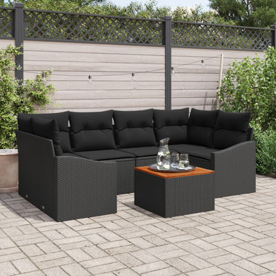 7 Piece Garden Sofa Set with Cushions in Black Poly Rattan and Acacia