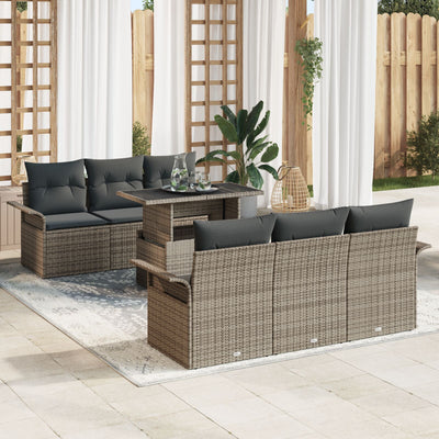 7 Piece Garden Sofa Set with Cushions Grey Poly Rattan
