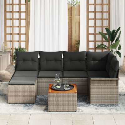 7 Piece Garden Sofa Set with Cushions Grey Poly Rattan Acacia