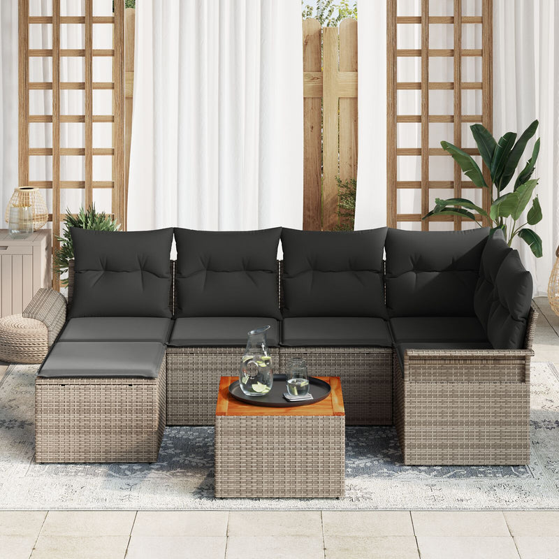 7 Piece Garden Sofa Set with Cushions Grey Poly Rattan Acacia