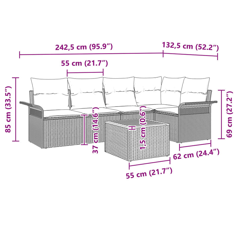 6 Piece Garden Sofa Set with Cushions Grey Poly Rattan Acacia