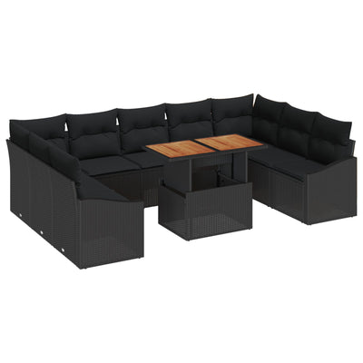 10 Piece Garden Sofa Set with Cushions Black Poly Rattan