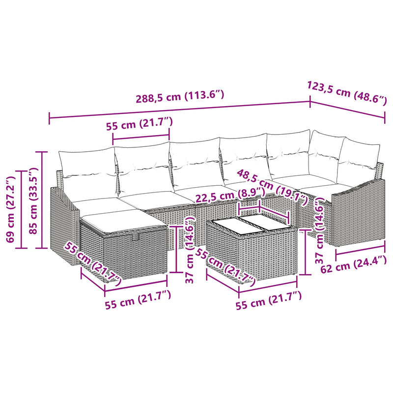 8 Piece Garden Sofa Set with Cushions Black Poly Rattan