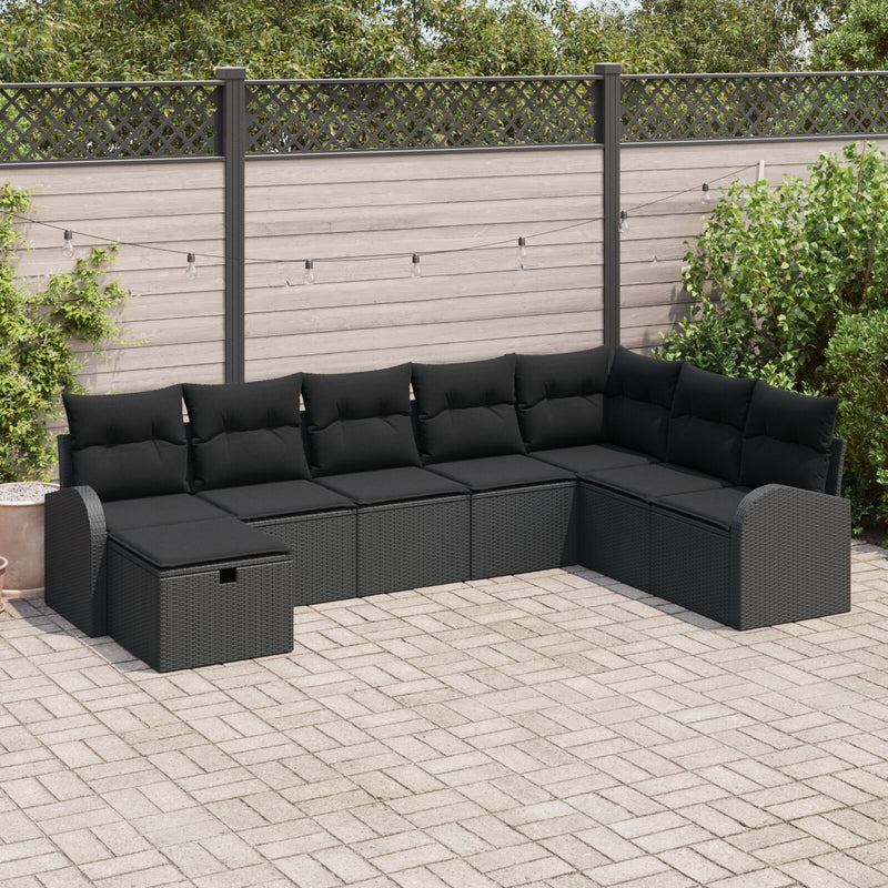 8 Piece Garden Sofa Set with Cushions Black Poly Rattan