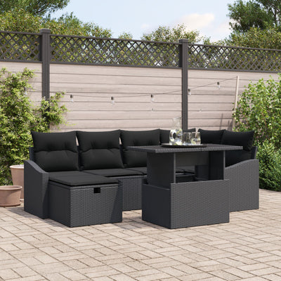 7 Piece Garden Sofa Set with Cushions Black Poly Rattan