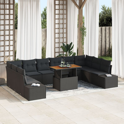 Garden Sofa Set 11-Piece Black Rattan 4-Seater Outdoor Sofa
