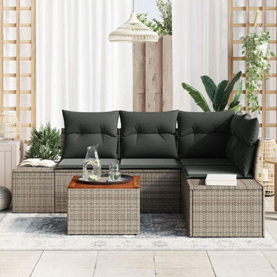 5 Piece Garden Sofa Set with Cushions Grey Poly Rattan Acacia