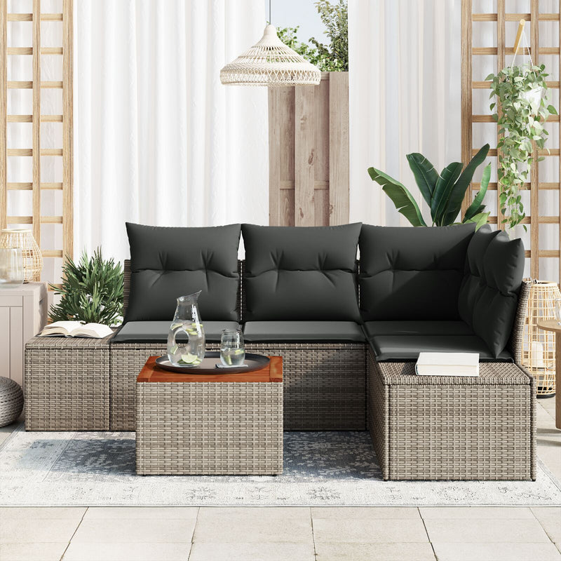 5 Piece Garden Sofa Set with Cushions Grey Poly Rattan Acacia