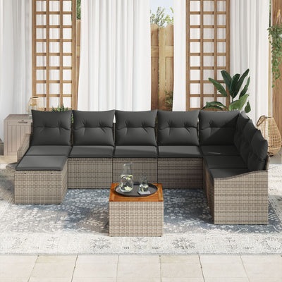 9 Piece Garden Sofa Set with Cushions Grey Poly Rattan Acacia