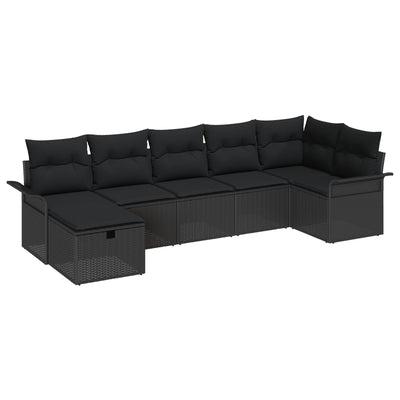 7 Piece Garden Sofa Set with Cushions Black Poly Rattan