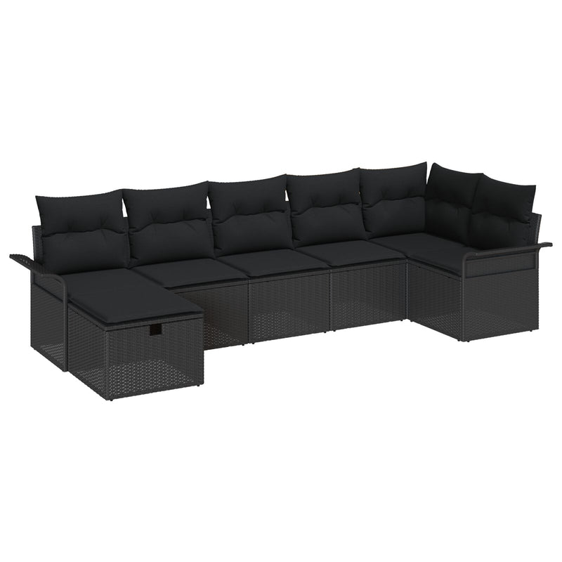 7 Piece Garden Sofa Set with Cushions Black Poly Rattan