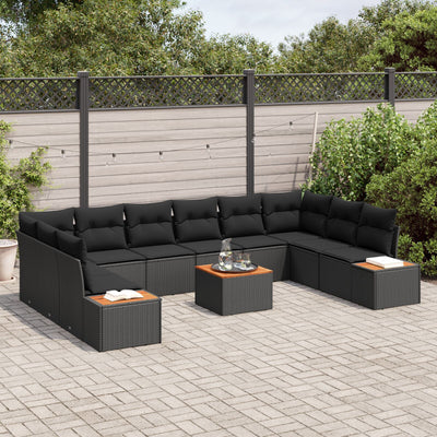 11 Piece Garden Sofa Set with Cushions Black Poly Rattan Acacia