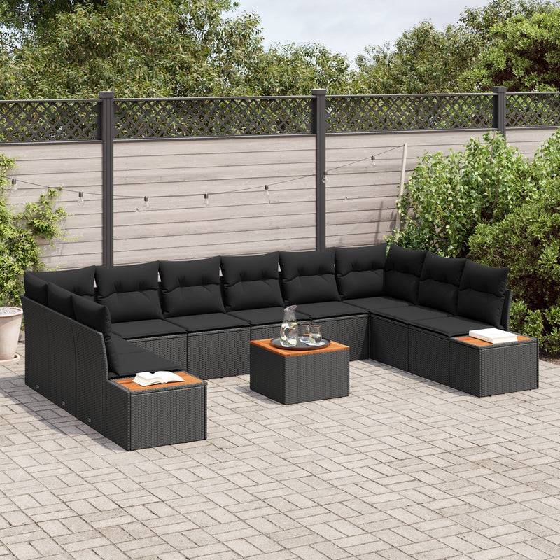 11 Piece Garden Sofa Set with Cushions Black Poly Rattan Acacia