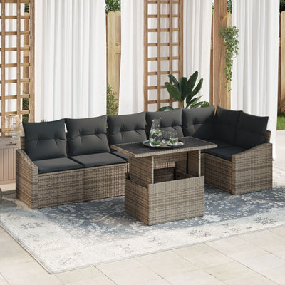 7 Piece Garden Sofa Set with Cushions Grey Poly Rattan