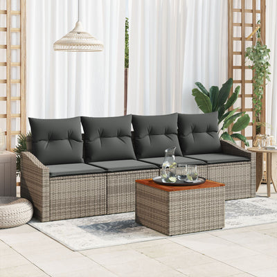 5 Piece Garden Sofa Set with Cushions Grey Poly Rattan Acacia