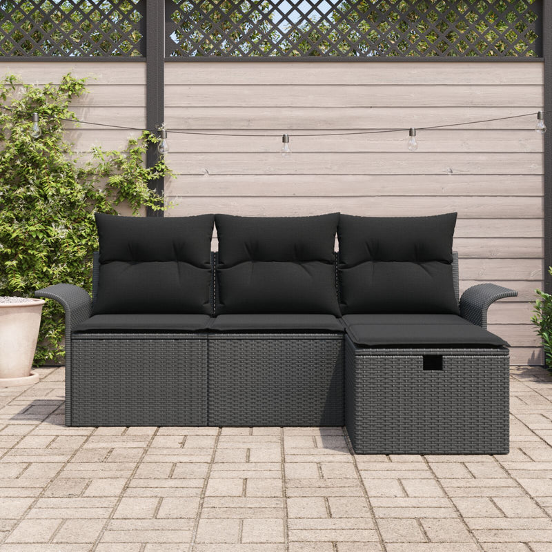 4 Piece Garden Sofa Set with Cushions Black Poly Rattan