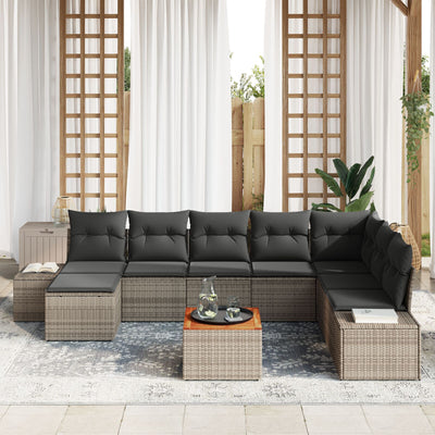 9 Piece Garden Sofa Set with Cushions Grey Poly Rattan Acacia