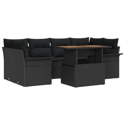 7 Piece Garden Sofa Set with Cushions Black Poly Rattan Acacia