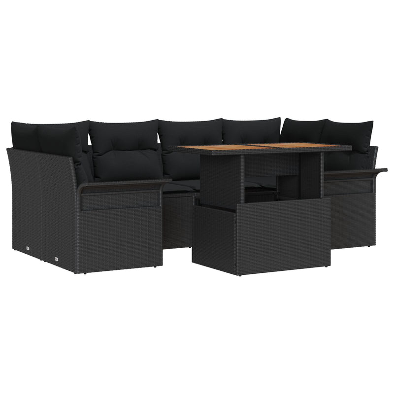 7 Piece Garden Sofa Set with Cushions Black Poly Rattan Acacia