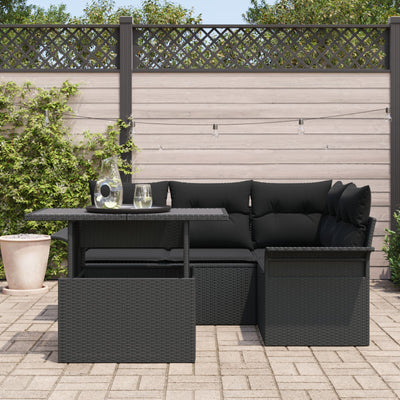 5 Piece Garden Sofa Set with Cushions Black Poly Rattan