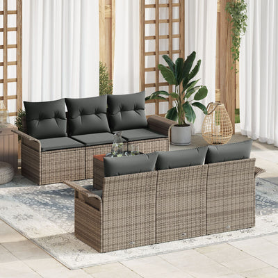 7 Piece Garden Sofa Set with Cushions Grey Poly Rattan Acacia