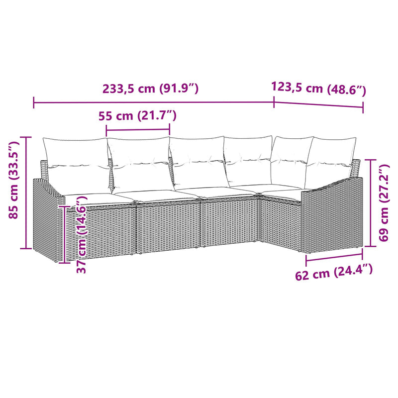 5 Piece Garden Sofa Set with Cushions Grey Poly Rattan