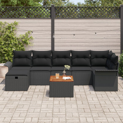 8 Piece Garden Sofa Set with Cushions Black Poly Rattan