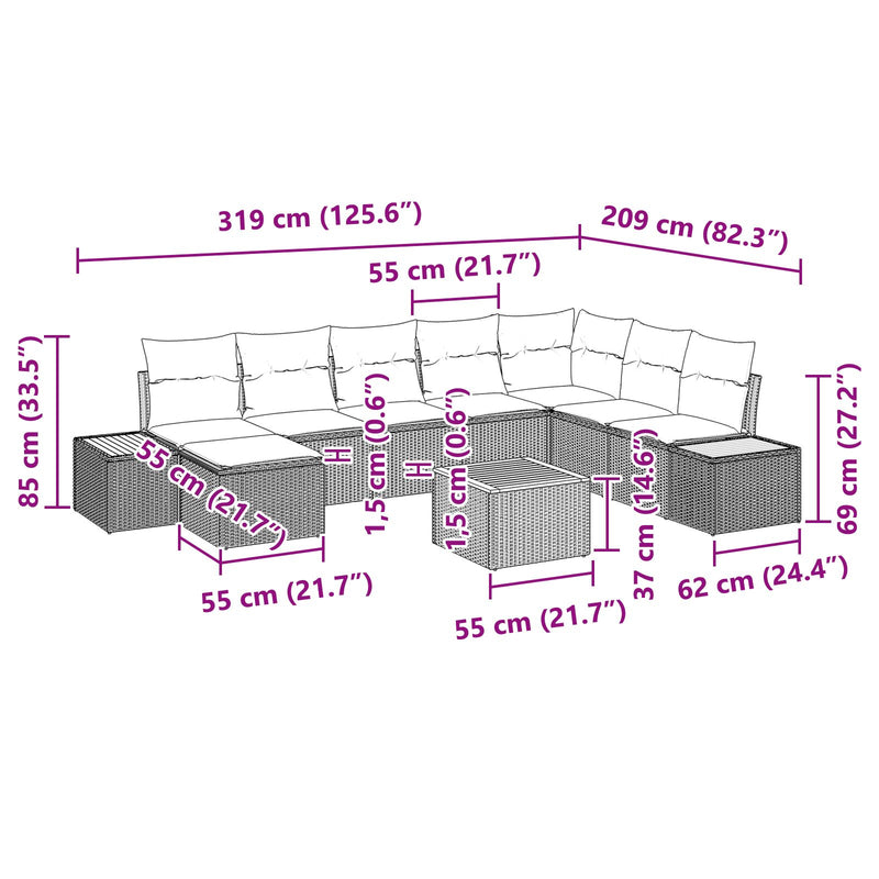 9 Piece Garden Sofa Set with Cushions Black Poly Rattan Acacia