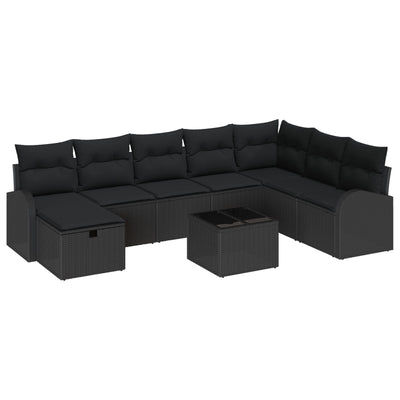 9 Piece Garden Sofa Set with Cushions Black Poly Rattan