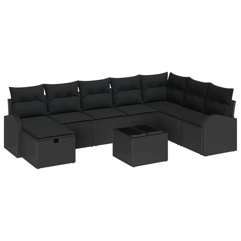 9 Piece Garden Sofa Set with Cushions Black Poly Rattan