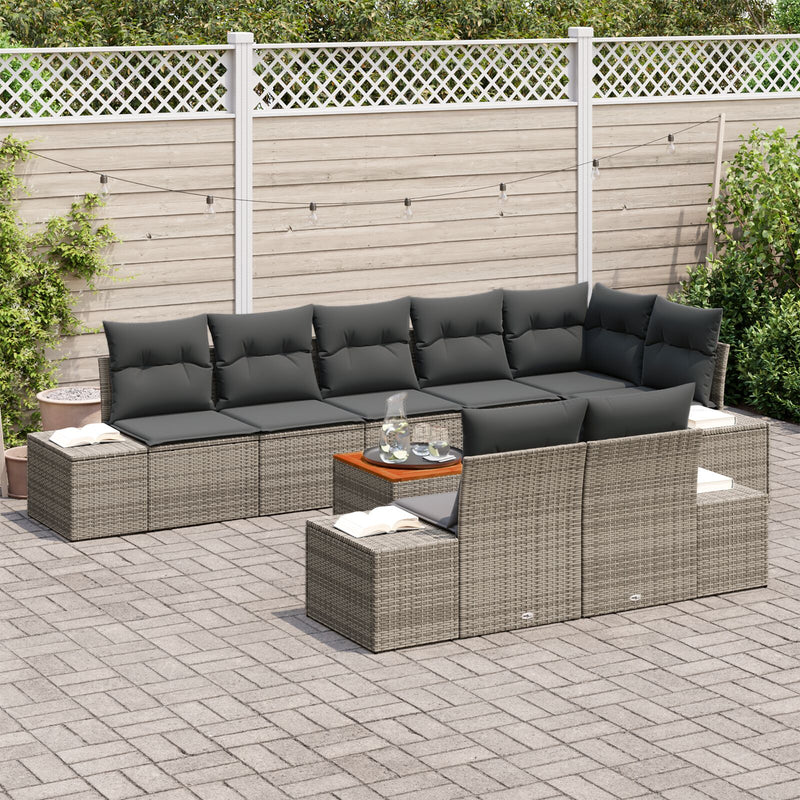9 Piece Garden Sofa Set with Cushions Grey Poly Rattan Acacia