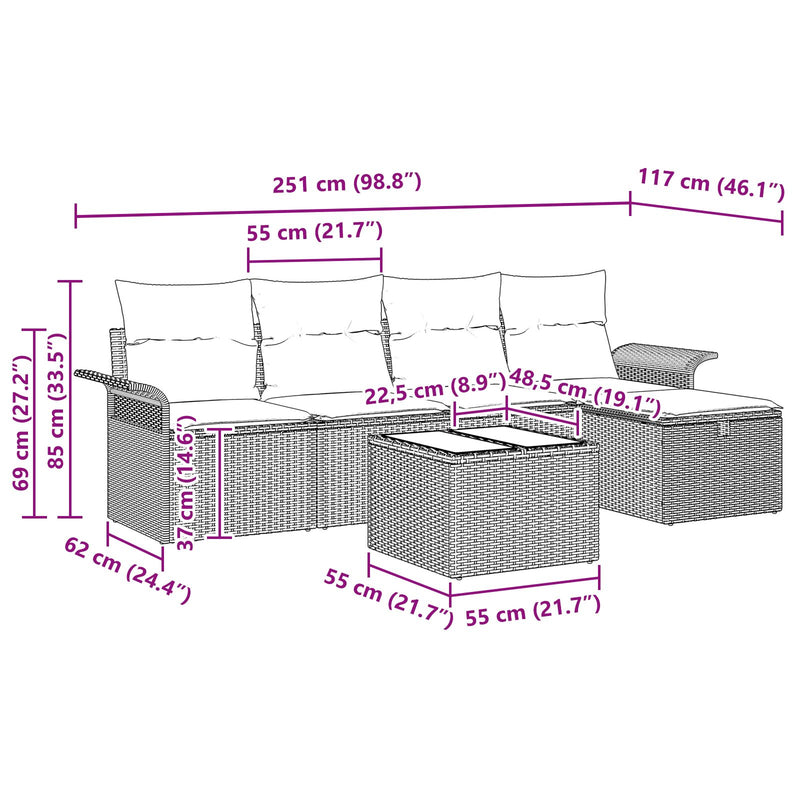 6 Piece Garden Sofa Set with Cushions Grey Poly Rattan