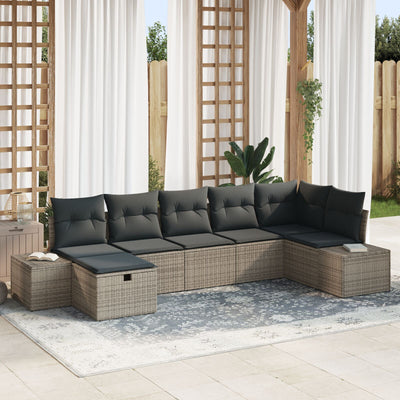 7 Piece Garden Sofa Set with Cushions Grey Poly Rattan