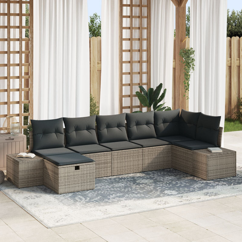 7 Piece Garden Sofa Set with Cushions Grey Poly Rattan