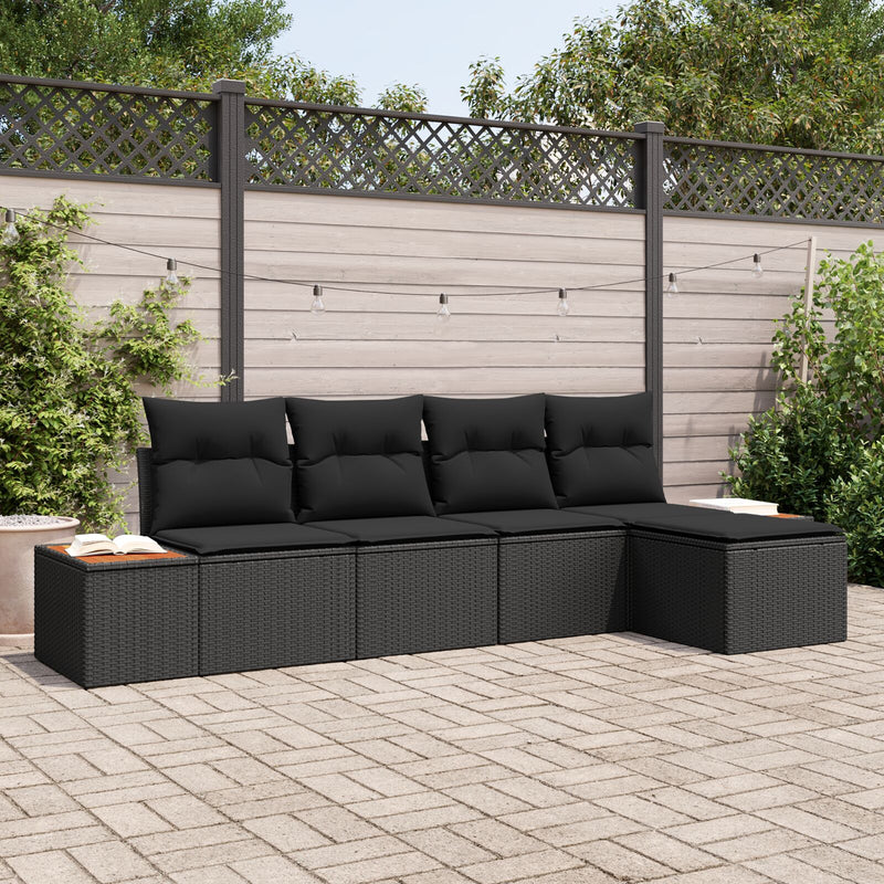 5 Piece Garden Sofa Set with Cushions Black Poly Rattan Acacia