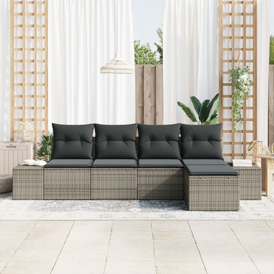 5 Piece Garden Sofa Set with Cushions Grey Poly Rattan